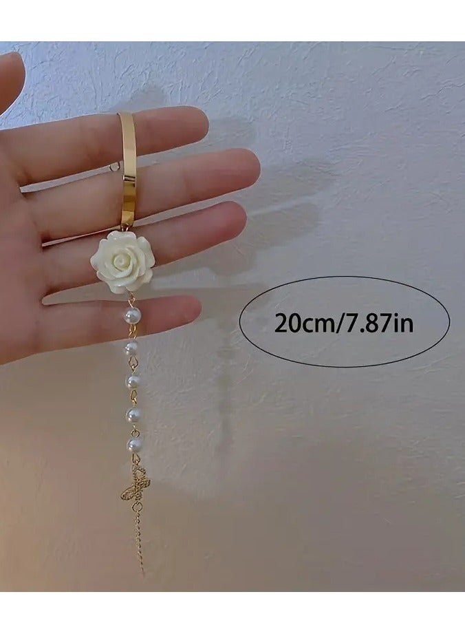Home Clearance Sale Versatile Bracelet Elegant Women's Rose Golden Bracelet with White Flower & Pearl Accents - Chic Alloy Hand Jewelry with Bow Detail, Ideal for Daily Wear & Gifting, Bracelet Charms - Image 4