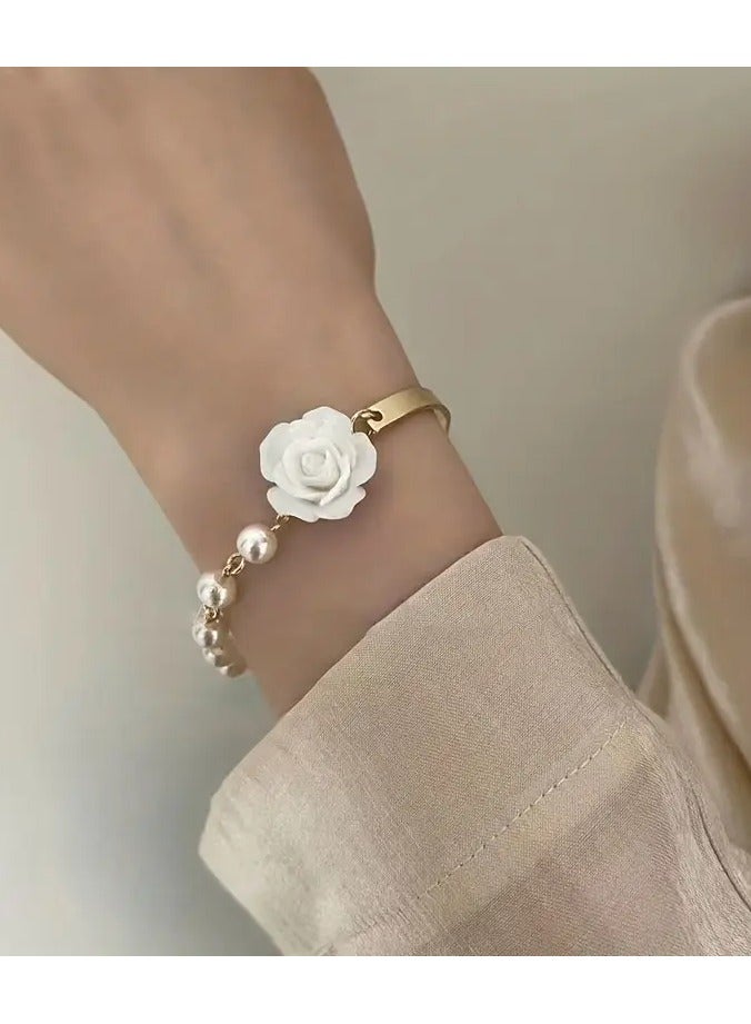 Home Clearance Sale Versatile Bracelet Elegant Women's Rose Golden Bracelet with White Flower & Pearl Accents - Chic Alloy Hand Jewelry with Bow Detail, Ideal for Daily Wear & Gifting, Bracelet Charms - Image 5