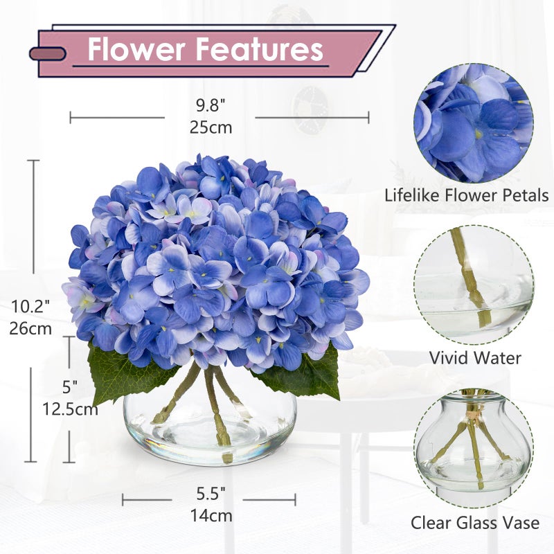 Hollyone Hydrangea Artificial Flowers with Vase Slate Blue Silk Fake Flowers Arrangements Floral Bulk Bouquet in Glass Vase with Faux Water for Home Bathroom Office Table Centerpiece Shelf Decorations - Image 2