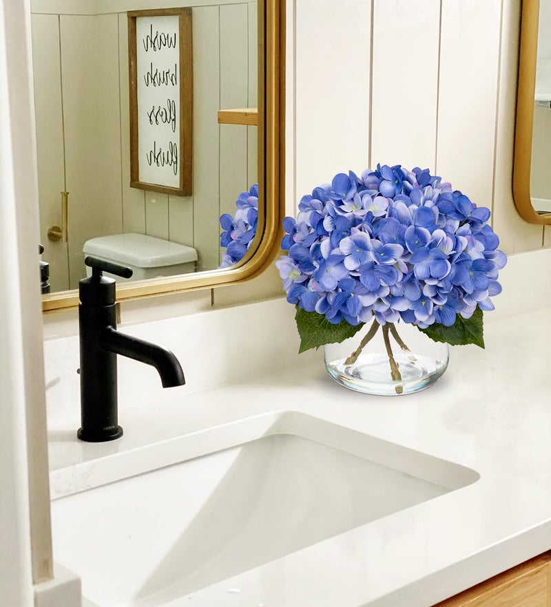Hollyone Hydrangea Artificial Flowers with Vase Slate Blue Silk Fake Flowers Arrangements Floral Bulk Bouquet in Glass Vase with Faux Water for Home Bathroom Office Table Centerpiece Shelf Decorations - Image 3