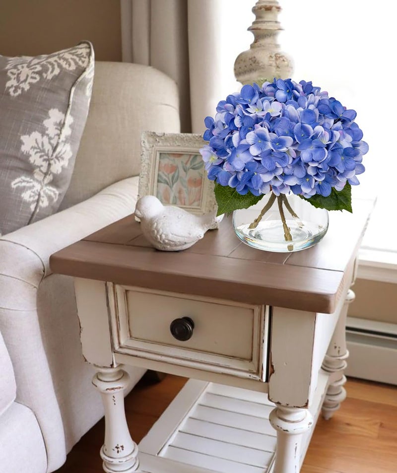 Hollyone Hydrangea Artificial Flowers with Vase Slate Blue Silk Fake Flowers Arrangements Floral Bulk Bouquet in Glass Vase with Faux Water for Home Bathroom Office Table Centerpiece Shelf Decorations - Image 4