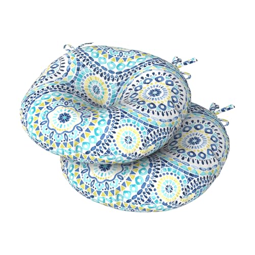 DYTXIII Set of 2 Outdoor Round Chair Cushions 15"x15"x4" with Ties, Water Repellent Tufted Bistro Seat Cushions, Thick Patio Chair Pads for Bar Stool, Garden & Dining Furniture - Blue Lagoon - Image 1