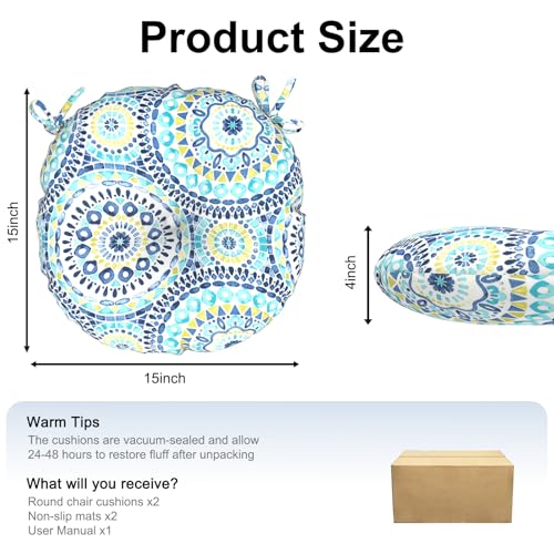 DYTXIII Set of 2 Outdoor Round Chair Cushions 15"x15"x4" with Ties, Water Repellent Tufted Bistro Seat Cushions, Thick Patio Chair Pads for Bar Stool, Garden & Dining Furniture - Blue Lagoon - Image 3