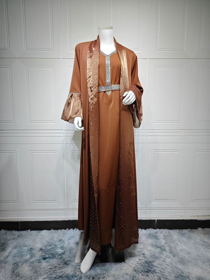 AB536 Women's Kaftan 3-Piece Set with Crystal Rhinestone Decor, Flounce Sleeves, Elegant Long Dress