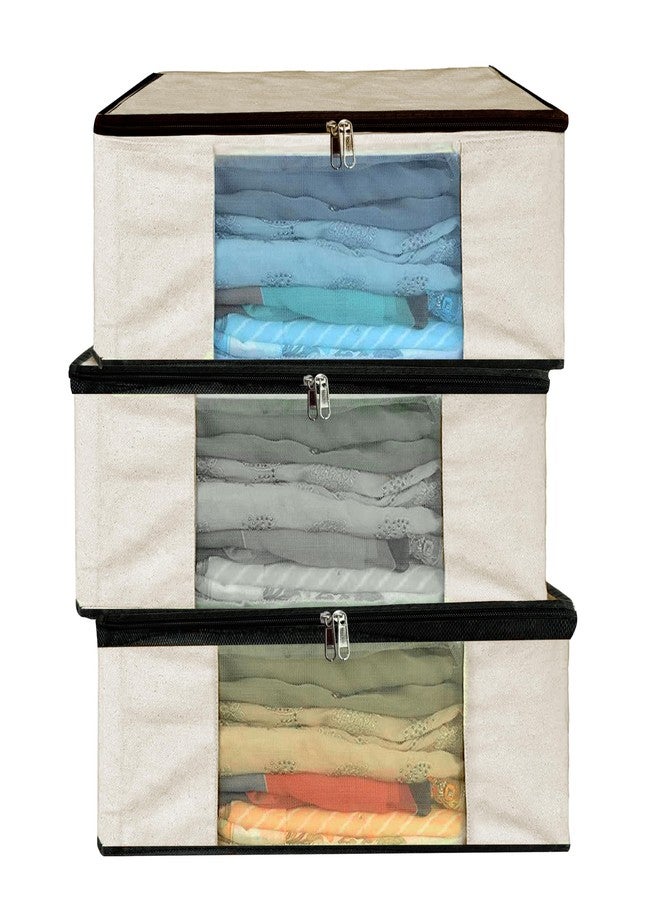 Storite 3 Pack Cotton Canvas Clothes Storage Bags/Saree Bags Covers with Zip for Storage Specially Design for Woman Dresses, Sarees, Lehengas for Wardrobe Organizer (42.2cm x 36cm x 20cm) Beige - Image 1