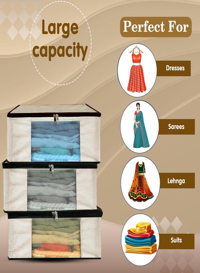 Storite 3 Pack Cotton Canvas Clothes Storage Bags/Saree Bags Covers with Zip for Storage Specially Design for Woman Dresses, Sarees, Lehengas for Wardrobe Organizer (42.2cm x 36cm x 20cm) Beige - Image 3