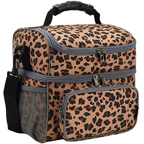 FlowFly Double Layer Cooler Insulated Lunch Bag Adult Lunch Box Large Tote Bag for Men Women With Adjustable StrapFront Pocket and Dual Large Mesh Side PocketsLeopard