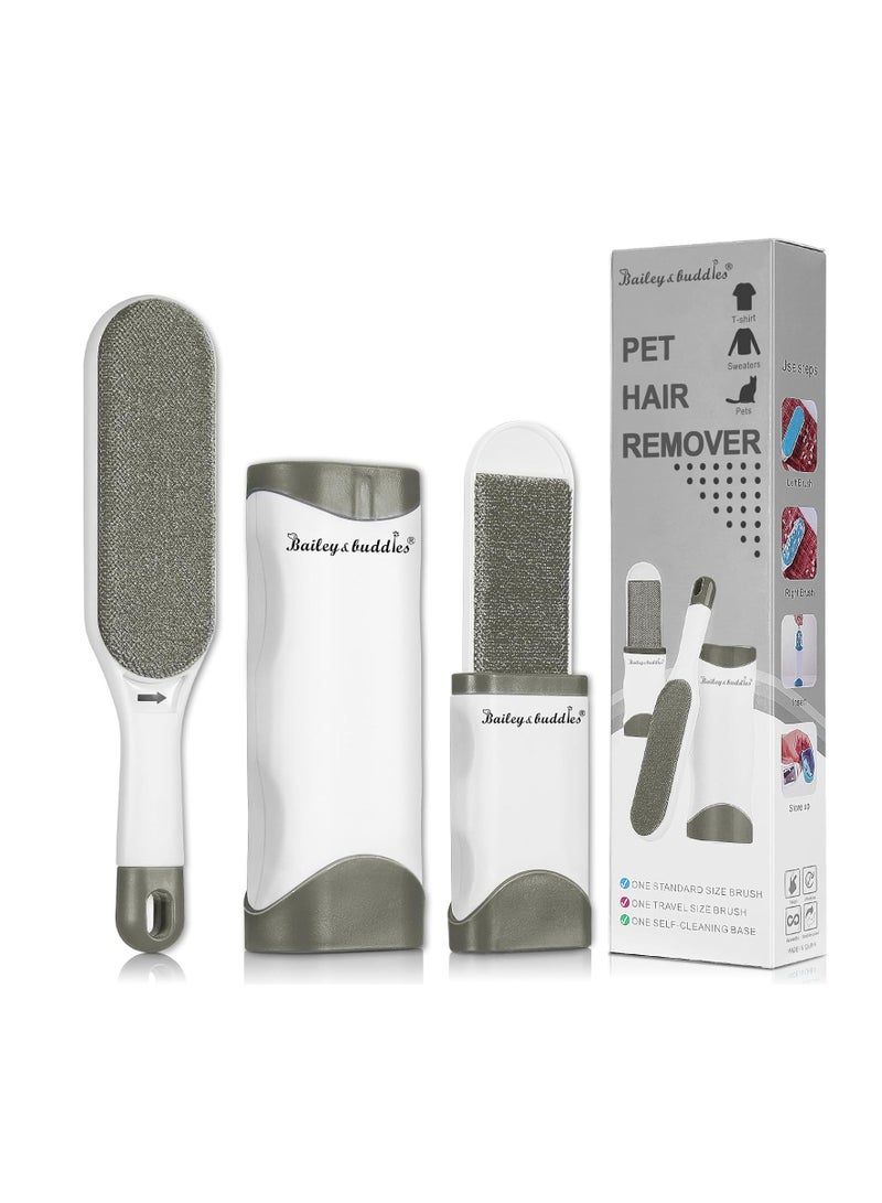 فرشاة إزالة شعر الحيوانات الأليفة للقطط والكلاب قابلة لإعادة الاستخدام لإزالة الوبر والفراء مع قاعدة تنظيف ذاتية محمولة على الوجهين وصديقة للبيئة للملابس والأثاث والسجاد والأريكة رمادي - Image 1