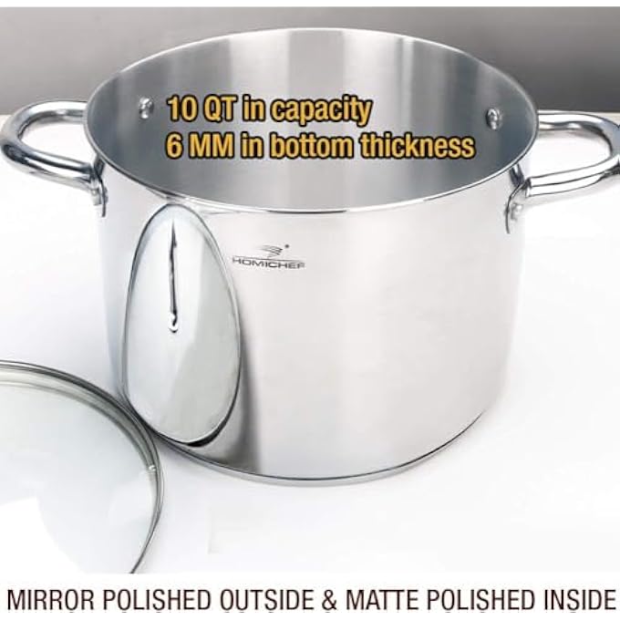 HOMICHEF 10 Quart Stock Pot With Glass Lid  Nickel Free Stainless Steel 10 Qt Pots With Handle  Mirror Polished Stockpot 10 Quart  Induction Cooking Pots With Lid  Healthy Soup Pot - Image 3