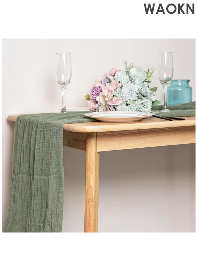 دبليو أيه أو كي أن مفرش طاولة من القماش القطني الأخضر الحكيم، مفرش طاولة شبه شفاف، مفرش طاولة طويل جدًا، مفرش طاولة ريفي بوهيمي، للمطبخ وغرفة الطعام وحفلات الزفاف ولوازم حفلات الزفاف، 13 قدمًا × 35 بوصة - Image 4
