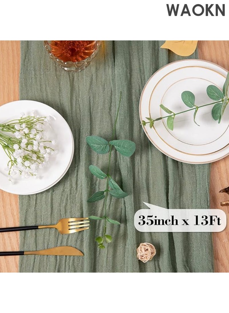 دبليو أيه أو كي أن مفرش طاولة من القماش القطني الأخضر الحكيم، مفرش طاولة شبه شفاف، مفرش طاولة طويل جدًا، مفرش طاولة ريفي بوهيمي، للمطبخ وغرفة الطعام وحفلات الزفاف ولوازم حفلات الزفاف، 13 قدمًا × 35 بوصة - Image 2