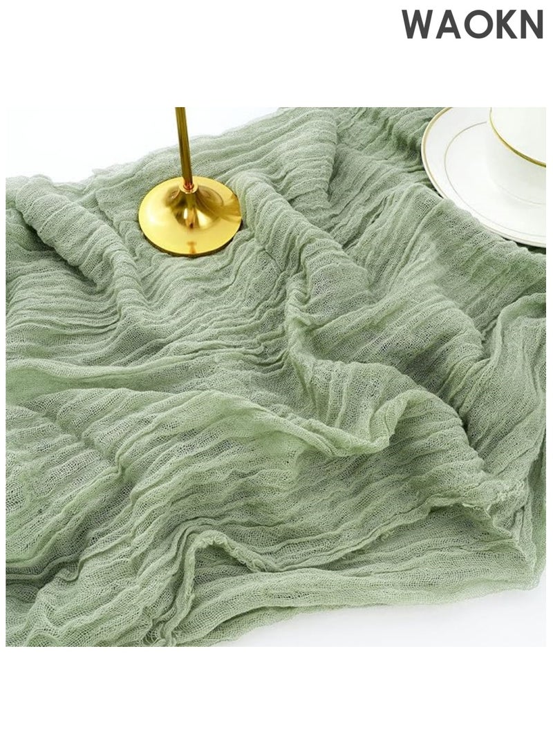 دبليو أيه أو كي أن مفرش طاولة من القماش القطني الأخضر الحكيم، مفرش طاولة شبه شفاف، مفرش طاولة طويل جدًا، مفرش طاولة ريفي بوهيمي، للمطبخ وغرفة الطعام وحفلات الزفاف ولوازم حفلات الزفاف، 13 قدمًا × 35 بوصة - Image 1