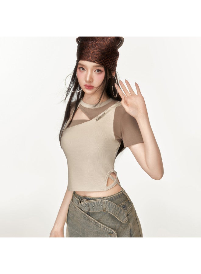 EPTISON Women's Short Sleeve T-shirt - Summer Retro Sweet & Spicy Style With Asymmetrical Color-blocking, Cut-out Design Slim Fit Cropped Top - Image 2