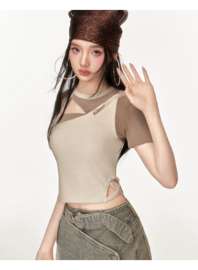 EPTISON Women's Short Sleeve T-shirt - Summer Retro Sweet & Spicy Style With Asymmetrical Color-blocking, Cut-out Design Slim Fit Cropped Top - Image 1