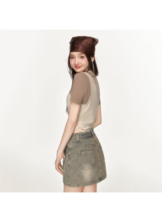 EPTISON Women's Short Sleeve T-shirt - Summer Retro Sweet & Spicy Style With Asymmetrical Color-blocking, Cut-out Design Slim Fit Cropped Top - Image 5