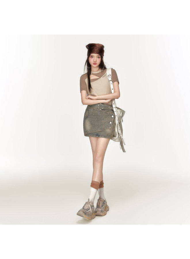 EPTISON Women's Short Sleeve T-shirt - Summer Retro Sweet & Spicy Style With Asymmetrical Color-blocking, Cut-out Design Slim Fit Cropped Top - Image 4