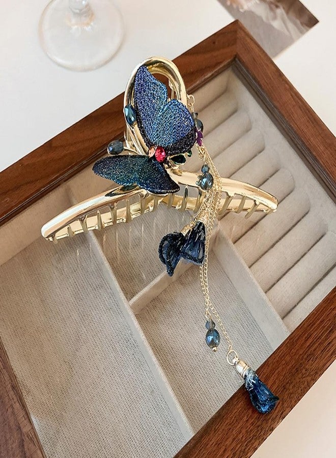Wiwpar Hair Clip for Women, Blue Butterfly Hair Clips with Gold Metal Sunflower, Strong Hold Hair Clamps, Hair Claw Clips with Long Tassel Bead Pendent, for Long Thick Thin Curly Hair - Image 4