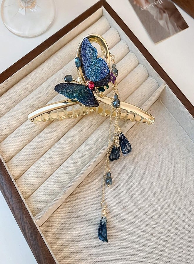 Wiwpar Hair Clip for Women, Blue Butterfly Hair Clips with Gold Metal Sunflower, Strong Hold Hair Clamps, Hair Claw Clips with Long Tassel Bead Pendent, for Long Thick Thin Curly Hair - Image 5
