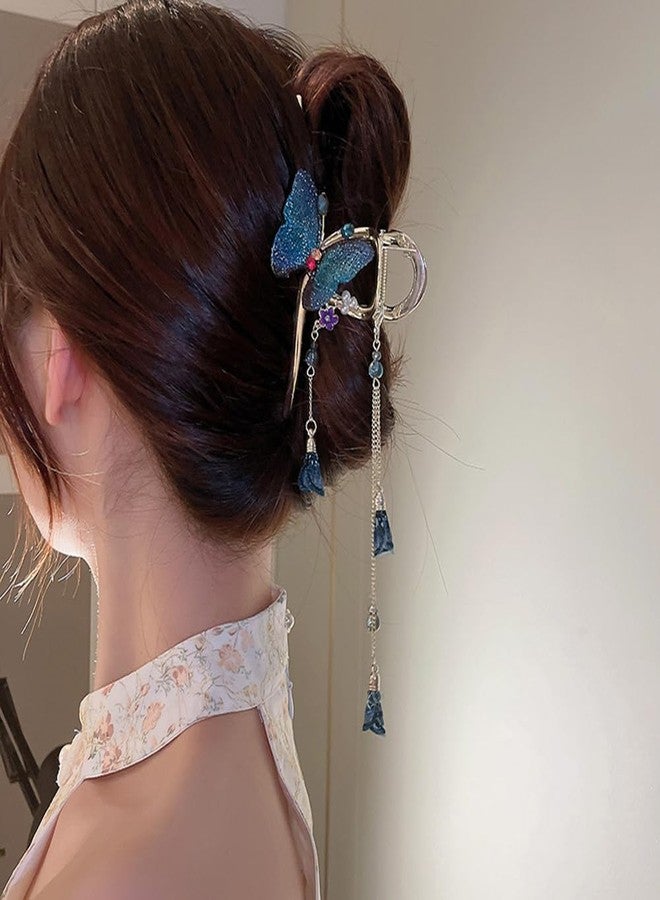 Wiwpar Hair Clip for Women, Blue Butterfly Hair Clips with Gold Metal Sunflower, Strong Hold Hair Clamps, Hair Claw Clips with Long Tassel Bead Pendent, for Long Thick Thin Curly Hair - Image 1