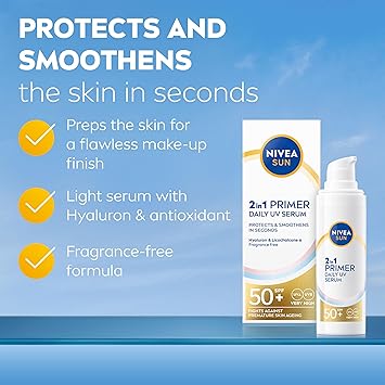 Nivea NIVEA SUN UV 2in1 Primer Daily UV Serum SPF50 30ml FrangranceFree Sunscreen with High SPF Ideal as Makeup Base Moisturising Formula with Hyaluron No White Cast  - Image 2