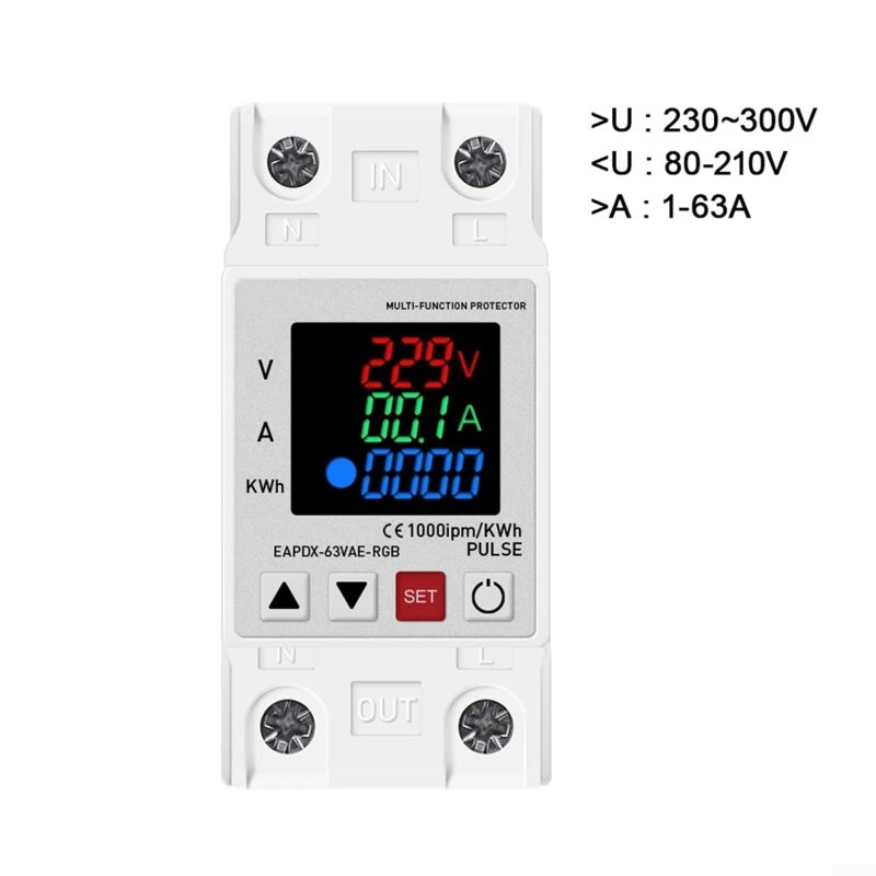 63A DIN Rail Mount Over Under Voltage Current Protection Relay with Display - Image 3