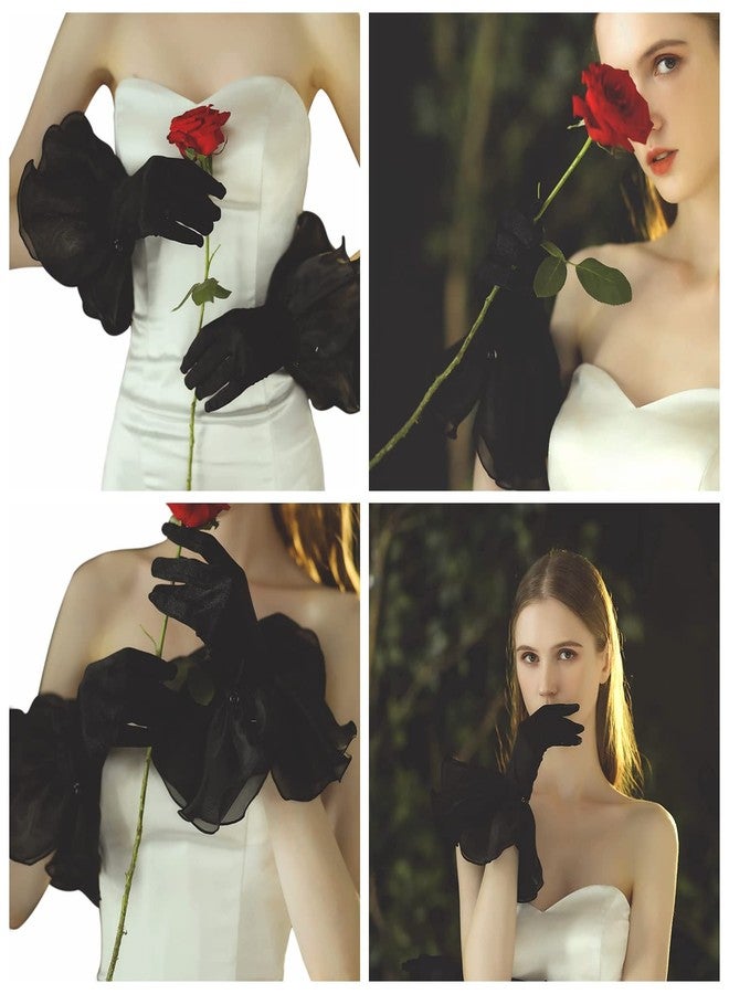 Ayliss Women Bridal Wedding Gloves Satin Petal Opera Party 1920s Fancy Special Occasion Dress Formal Dancing Cosplay (Black) - Image 2