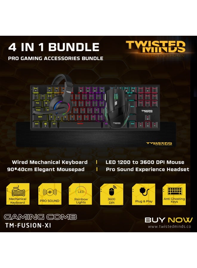 Twisted Minds 4-in-1 Gaming Bundle TM-FUSION-XI – Mechanical RGB Keyboard 87 Keys, Gaming Mouse 3600 DPI, LED Headset with Mic, Large Mouse Pad 400×900mm – Complete Gaming Set for PC black - Image 2