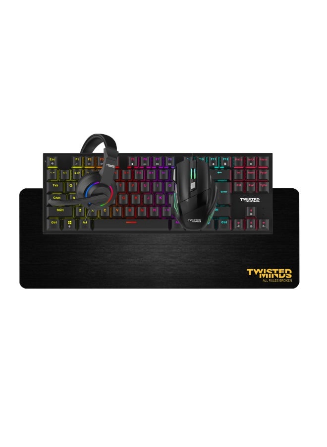 Twisted Minds 4-in-1 Gaming Bundle TM-FUSION-XI – Mechanical RGB Keyboard 87 Keys, Gaming Mouse 3600 DPI, LED Headset with Mic, Large Mouse Pad 400×900mm – Complete Gaming Set for PC black - Image 1