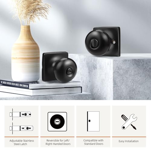GOBEKOR 3 Pack Privacy Door Knobs Interior Matte Black Keyless Square Modern Door Knobs Stainless Steel for Bedroom Bathroom Product Name - Image 5