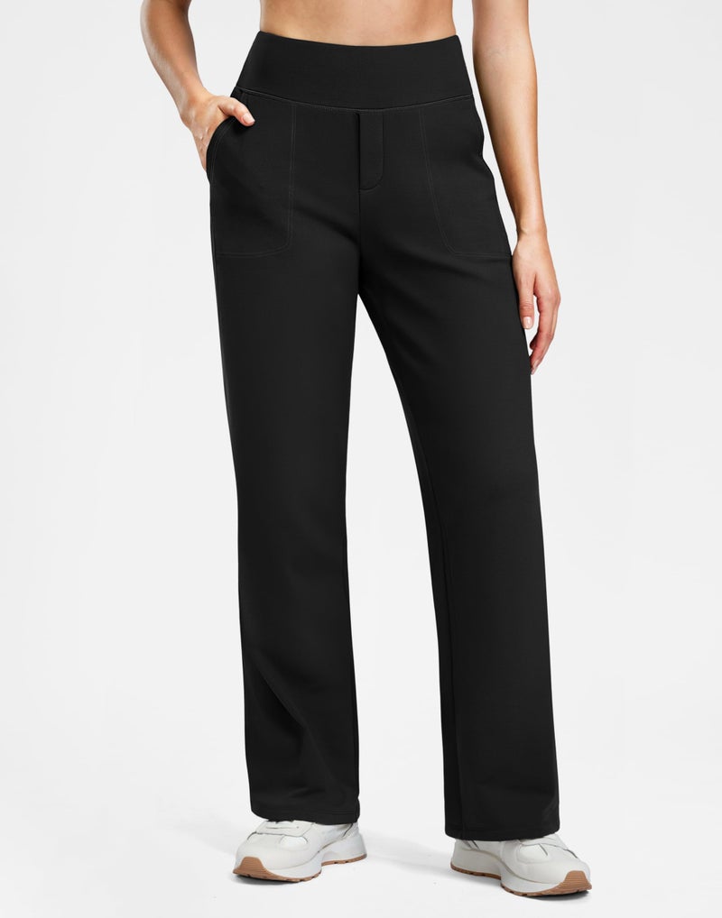 Soothfeel Fleece Lined Pants Women 29"/31"/33" High Waisted Wide Leg Sweatpants with Pocket Winter Warm Work Yoga Dress Pants Black Petite - Image 5