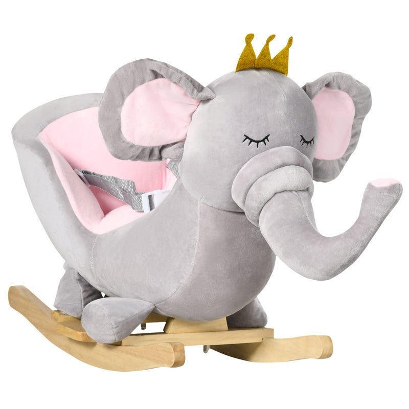 Qaba Baby Rocking Horse Elephant Rocking Chair Toddler Rocker Toy with Sound Wooden Base Seat Safety Belt for 153 Year Old Gray