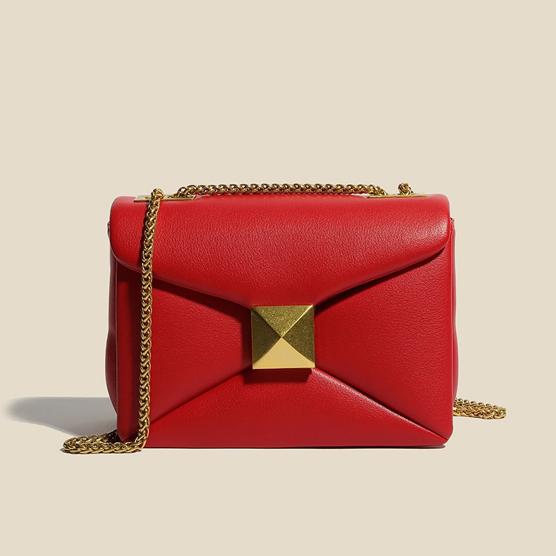 Korean Style Studded Niche Chain Bag, Unique Design, Versatile Trendy Single-Shoulder Genuine Leather Small Square Bag, Crossbody Bag For Women - Image 3