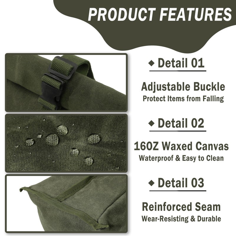 Kaaltisy Heavy Duty Lunch Bags Waxed Canvas Roll-top Lunch Boxes Waterproof Reusable Lunch Bag with Adjustable Buckle, Green, Hard Handfeel - Image 3