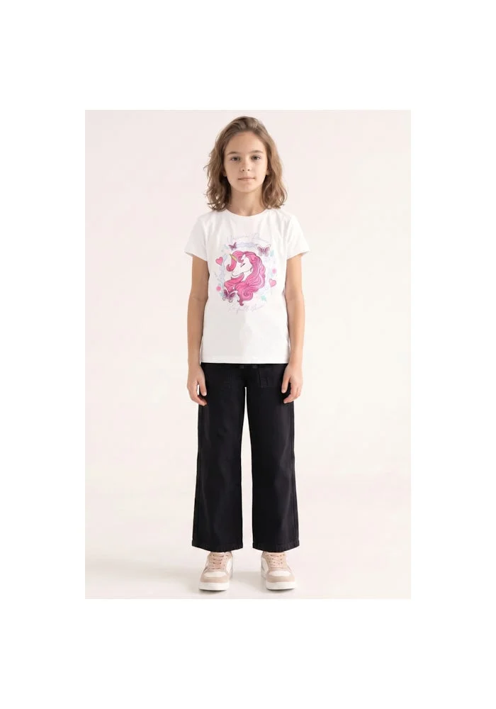 R&b Unicorn Print T-Shirt with Crew Neck and Short Sleeves