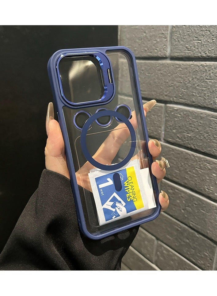 Folding Camera Bracket Matte Magnetic Case for iPhone 16 Pro Max, Wireless Charging with Lens Film Shock-proof Cover, Dark Blue - Image 1