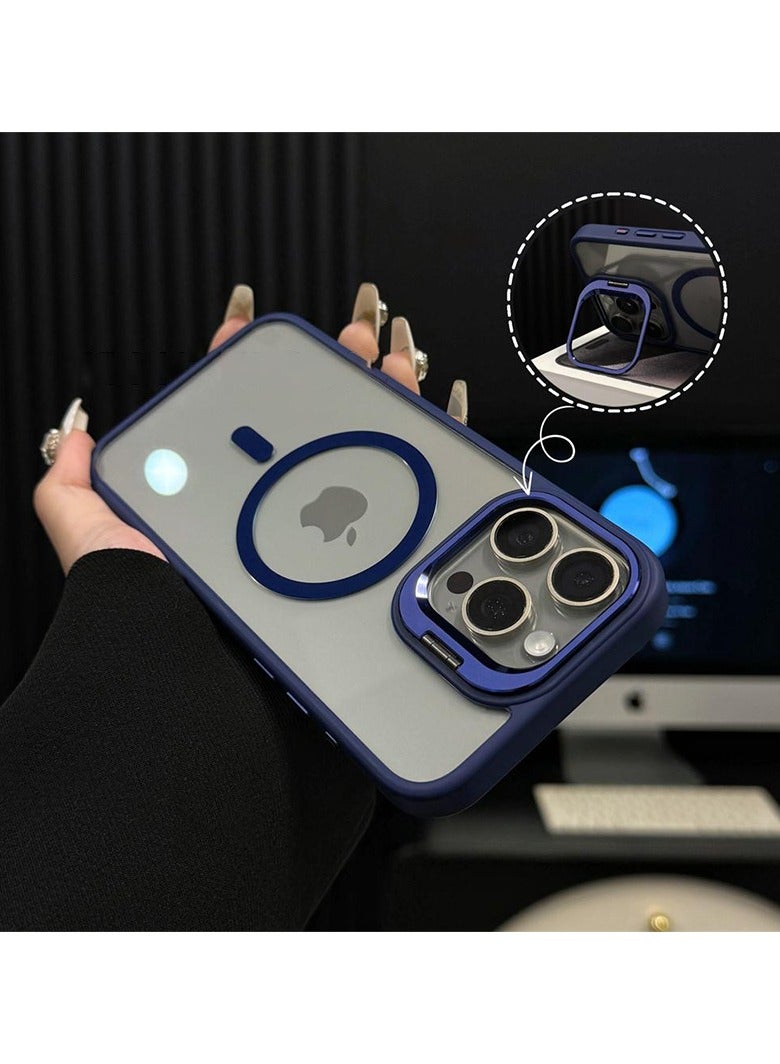 Folding Camera Bracket Matte Magnetic Case for iPhone 16 Pro Max, Wireless Charging with Lens Film Shock-proof Cover, Dark Blue - Image 2