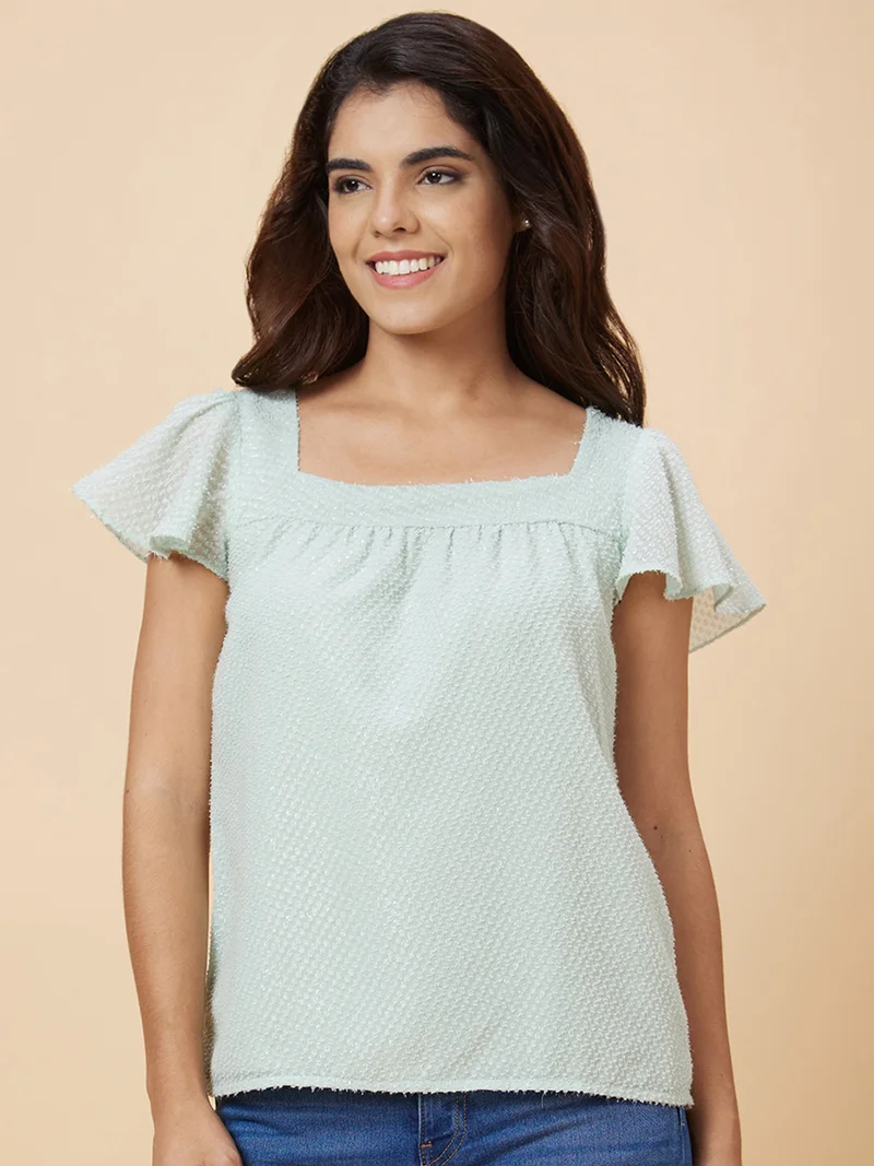 globus Women Green Self Design Polyester Top