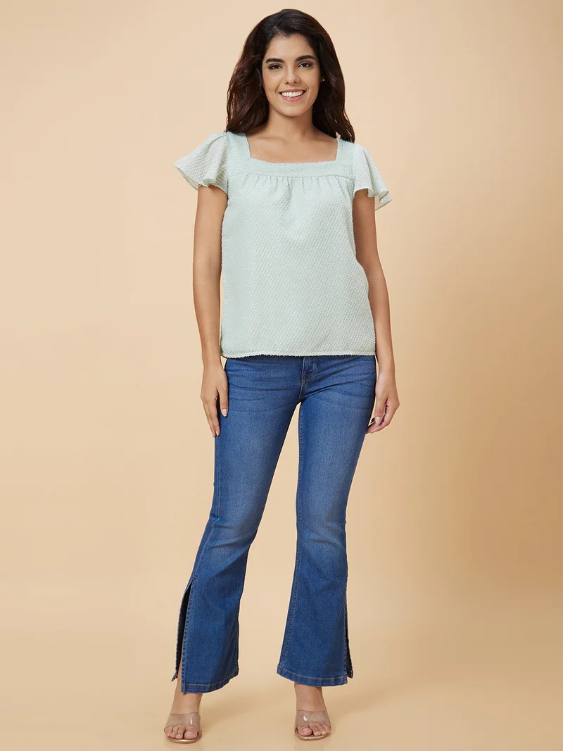 globus Women Green Self Design Polyester Top