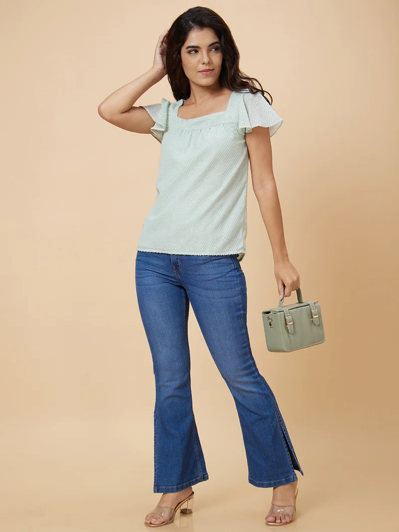 globus Women Green Self Design Polyester Top