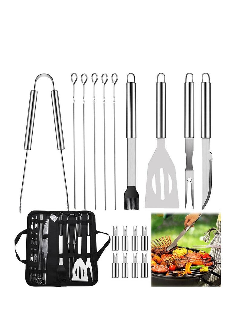 SYOSI طقم شوي ديلوكس، ملحقات الشواء للتخييم والشواء في الفناء الخلفي، طقم شوي مكون من 18 قطعة، أدوات شواء متينة مصنوعة من الفولاذ المقاوم للصدأ، طقم هدايا ملحقات الشواء للمحترفين للرجال والنساء - Image 1