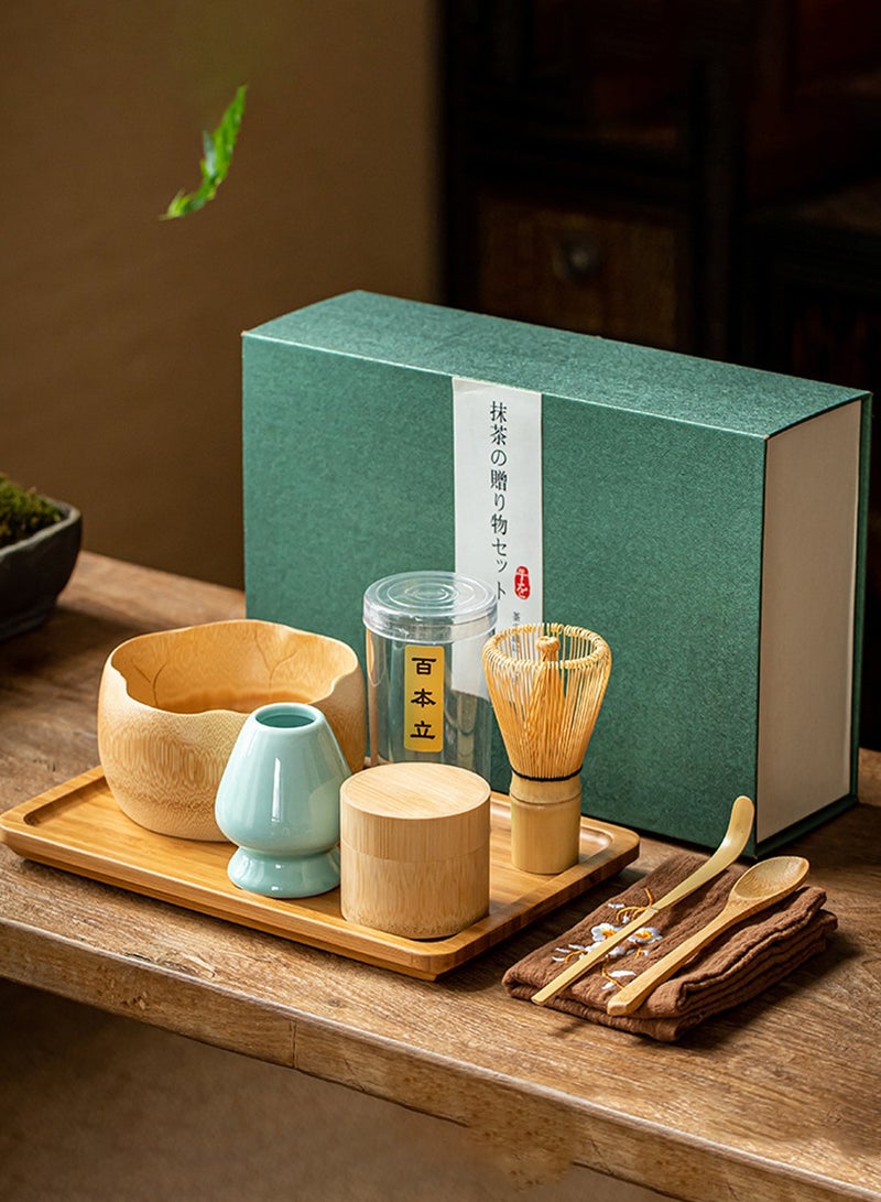 Arabest 8 Piece Matcha Set, Luxurious Tea Set with Matcha Whisk, Tea Spoon, Stand, Ceramic Bowl, Spoon, Teapot, Tray and Tea Towel, Traditional Handmade Tea Kit for Home, Party and Ceremony - Image 1