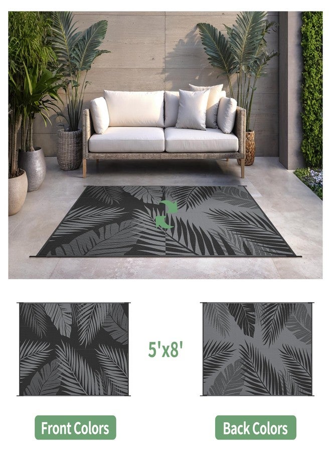 sarben Outdoor Rug 5’x8’ Waterproof for Patio Clearance, Reversible Indoor Outdoor Plastic Straw Camping Rug Carpet, RV Mat, Large Area Rug for Deck, Backyard, Balcony, Porch, Beach, Black & Grey - Image 2