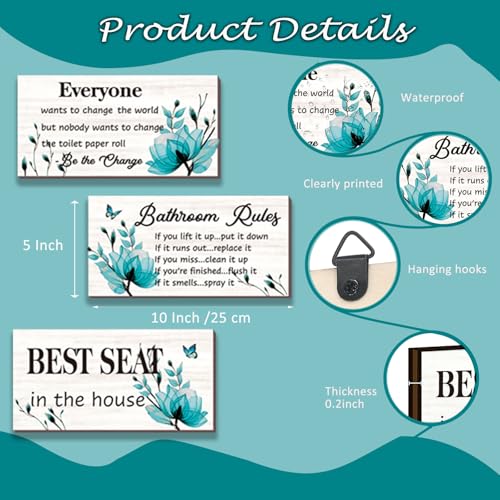 DONFENTHY 3-Piece Teal Bathroom Decor - Turquoise Flower Bathroom Rules Signs: 'Best Seat in The House' Rustic Farmhouse Wooden Signs (Teal, 10x5 Inch) - Image 3