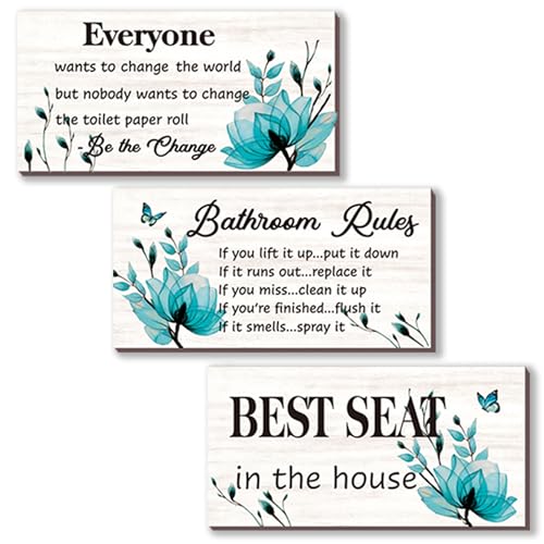 DONFENTHY 3-Piece Teal Bathroom Decor - Turquoise Flower Bathroom Rules Signs: 'Best Seat in The House' Rustic Farmhouse Wooden Signs (Teal, 10x5 Inch) - Image 1