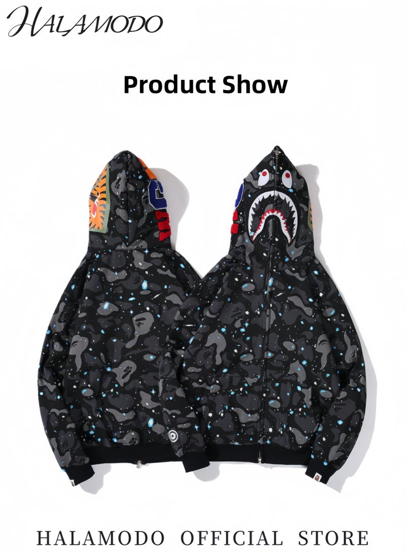 HALAMODO Unisex Shark Jacket Fall Cardigan Star Long-Sleeved Printed Tops Fashion Hooded Coat with Zipper Youth Pullovers Casual Sweatshirts for Daily Wear - Image 3