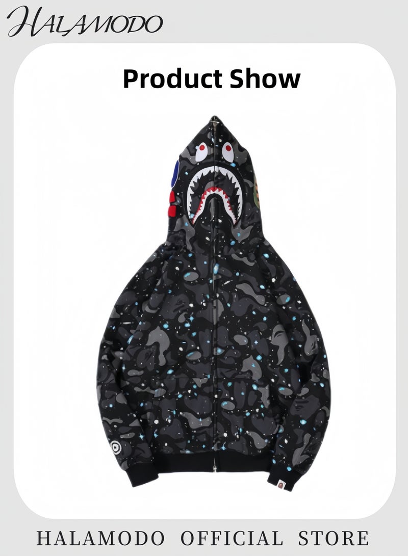 HALAMODO Unisex Shark Jacket Fall Cardigan Star Long-Sleeved Printed Tops Fashion Hooded Coat with Zipper Youth Pullovers Casual Sweatshirts for Daily Wear - Image 2