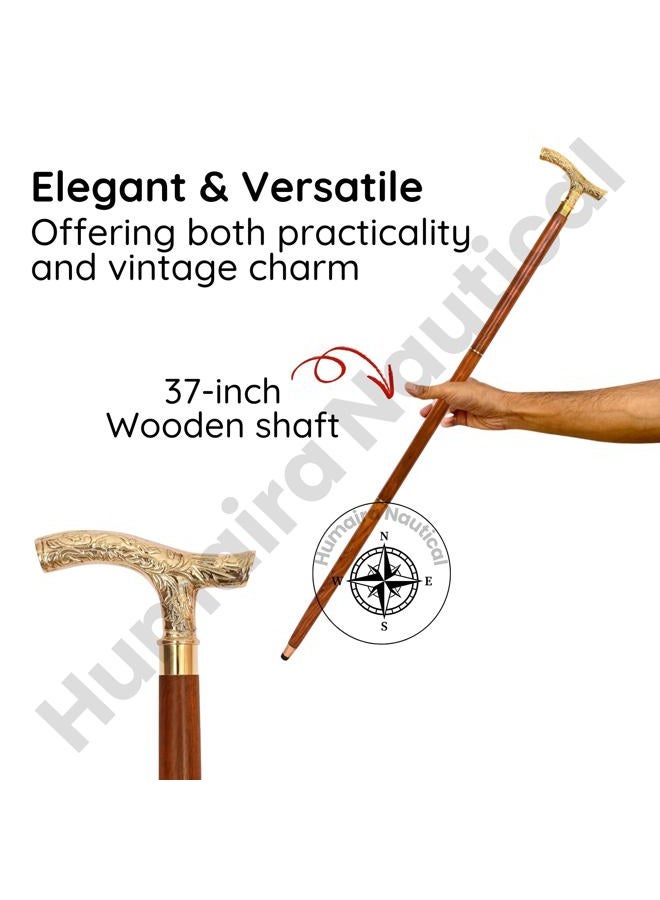 Humaira Nautical Walking Stick Men Derby Canes and Wooden Walking Stick for Men and Women- 37" Brown Ebony Brass T Shape Handle in Golden Tone Natural Wood Unisex Cane - Image 3