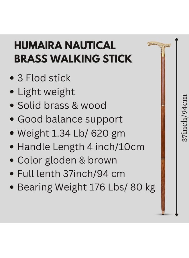 Humaira Nautical Walking Stick Men Derby Canes and Wooden Walking Stick for Men and Women- 37" Brown Ebony Brass T Shape Handle in Golden Tone Natural Wood Unisex Cane - Image 4