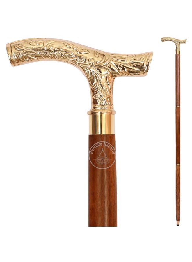 Humaira Nautical Walking Stick Men Derby Canes and Wooden Walking Stick for Men and Women- 37" Brown Ebony Brass T Shape Handle in Golden Tone Natural Wood Unisex Cane - Image 1