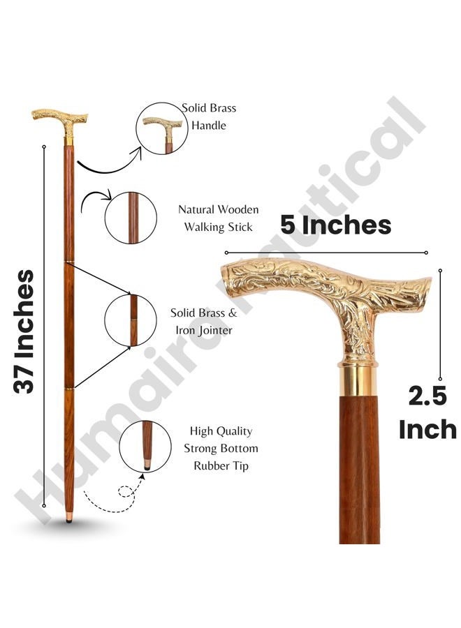 Humaira Nautical Walking Stick Men Derby Canes and Wooden Walking Stick for Men and Women- 37" Brown Ebony Brass T Shape Handle in Golden Tone Natural Wood Unisex Cane - Image 2